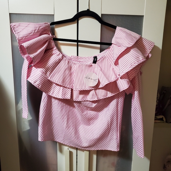 Venti6 Off Pink & White Stripe Off Shoulder Blouse - Picture 2 of 7